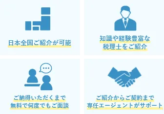 日本全国ご紹介が可能　知識や経験豊富な税理士をご紹介　ご納得いただくまで無料で何度でもご面談　ご紹介からご契約まで専任エージェントがサポート